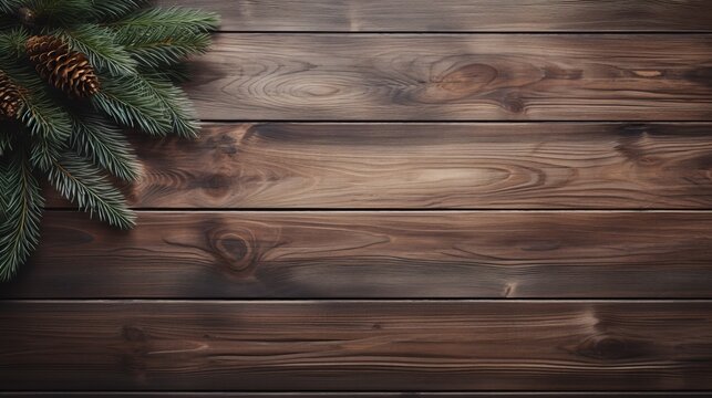 creative background image of wooden surface and spruce branches with space for text