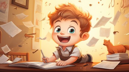 Fototapeta na wymiar happy toddler, school, comic style, writing letters, symbolic image, the child is looking forward to the start of school, copy space, 16:9 format