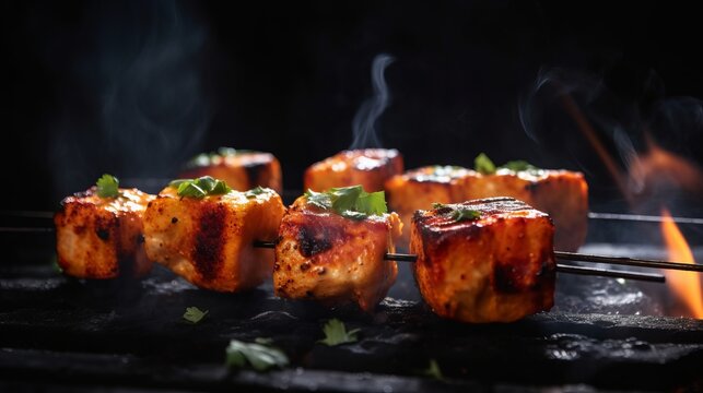 grilled indian tandoori paneer tikka, food photography, depth of field, bokeh, savory, indulgent, smoke, charcoal, super resolution, copy space, 16:9 