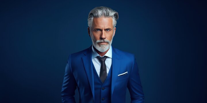 Stylish grey haired middle aged man in a blue suit. Photo with copy space on blue background. Close-up portrait on dark blue background.