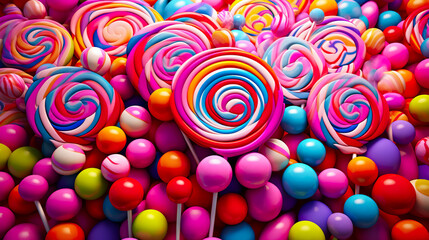 Fototapeta na wymiar lollipops and different colored round candy. Colorful sweets.
