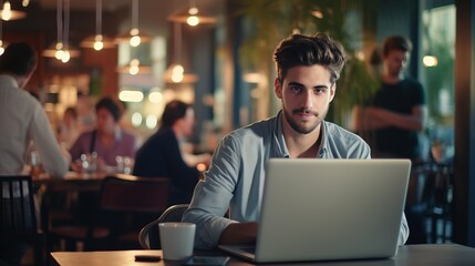 high quality picture, young man working on laptop, freelancer or student with computer in cafe, looking to camera, blurry background 16:9 , copy space