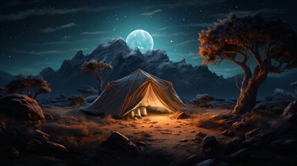 Fototapeta premium Illuminated tent in solitude, concept: hiking, freedom, 16:9, copy space