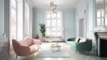 interior, living room in a victorian architectural style, clean modern design featuring pastel color scheme, beautiful light, bright room, high quality, 16:9 - obrazy, fototapety, plakaty