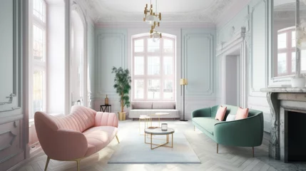 Fototapeten interior, living room in a victorian architectural style, clean modern design featuring pastel color scheme, beautiful light, bright room, high quality, 16:9 © Christian