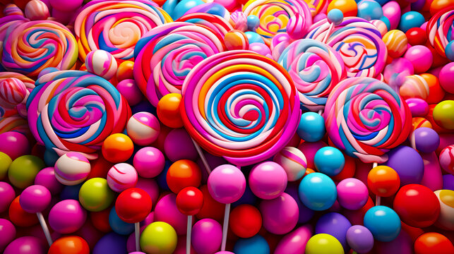 lollipops and different colored round candy. Colorful sweets.