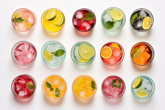 Summer Cocktails Drinks Set. Assortment Of Multicolored Strong And Low Alcoholic Beverages For Cocktail Party. White Background, Hard Light, Shadows Pattern, Top View