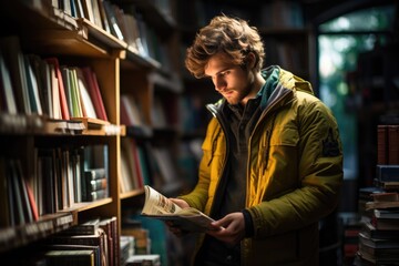 man in a large library chooses a book 