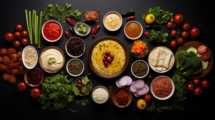 Food photograph showing a knolling, flatlay of typical turkish dishes ( Sigara böreği, Sucuk, Manti, Baklava), high quality, 16:9 - obrazy, fototapety, plakaty
