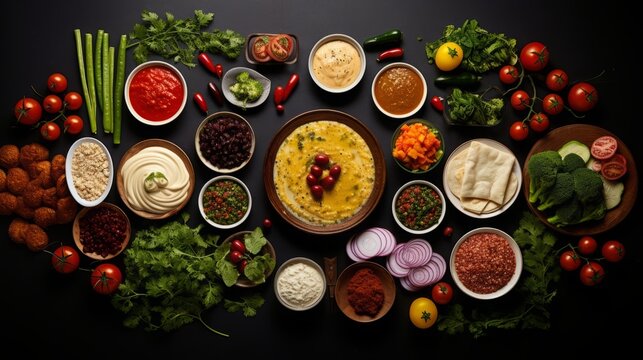 Food photograph showing a knolling, flatlay of typical turkish dishes ( Sigara böreği, Sucuk, Manti, Baklava), high quality, 16:9