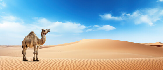 sandy desert on contrast with blue sky, and camel