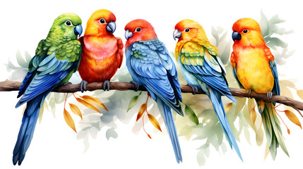 Cute watercolor birds on branch of tree isolated on transparent background