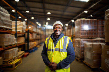 A smiling African American stands in front of a warehouse