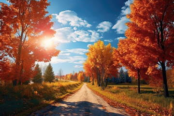 Naklejka na ściany i meble road through forest in sunny autumn, ai generated