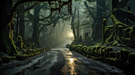 Night scene of a road through a damp, dreary forest