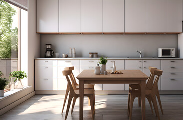 A kitchen room with white cabinets and a dining table, modern concept, 3d render.