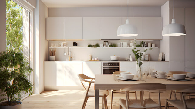 Minimal kitchen and dining room interior, modern concept design, nature lighting, 3d render 