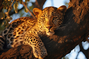 The leopard lies on a tree