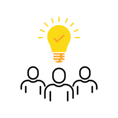 outline staff icon with yellow bulb like insight. concept of aha moment skill or development service. flat cartoon trend smart people meeting logotype graphic design web element isolated on white