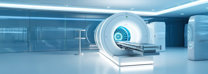 Empty high-tech modern magnetic resonance tomograph, copy space. Created with Generative Ai technology.