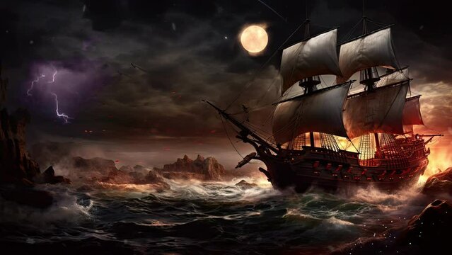 A pirate ship is anchored on a beach with a dark backdrop and thunder booming