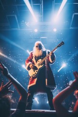 Fototapeta na wymiar Santa Claus plays electric guitar, generative ai
