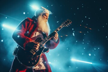 Fototapeta na wymiar Santa Claus plays electric guitar, generative ai