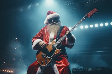 Santa Claus plays electric guitar, generative ai