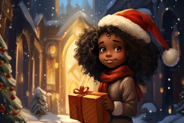 Portrait of a little African American girl in Santa hat with a Christmas gifts on the background of the Christmas tree in mall. She is smiling and looking at camera. Christmas sales concept.