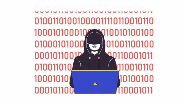 Hacker binary code line 2D animation. Coding security 4K video motion graphic. Online investigation. Malware detection. Dark web user, hacktivist linear animated cartoon flat concept, white background