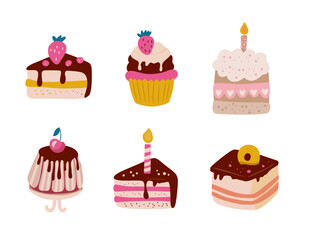 Cute Cartoon simple vector birthday cake cupcake vector set. Happy holiday cream cake with candles