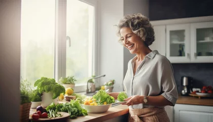 Poster Happy middle-aged woman preparing a meal in the kitchen © Mr. Music