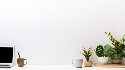 Creative minimal image of workspace desk with copy space on a blank wall, ai generative