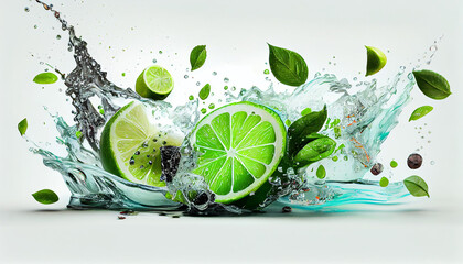 Water splash on white background with lime slices, mint leaves and ice cubes, Ai generated image