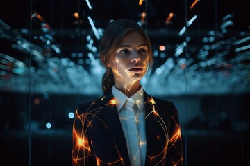 Naklejka premium business woman with projected lights and futuristic technology