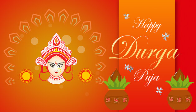 Goddess Durga Illustration with Pots and Greetings Card