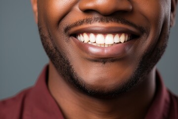 Happily smiling African American young man with perfectly white even teeth. Smiling mouth close up. Picture on grey background.