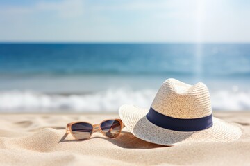 Straw hat and sunglasses on beach. Summer Holidays concept