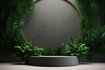 Circle platform podium with green natural concept Created with Generative AI Technology