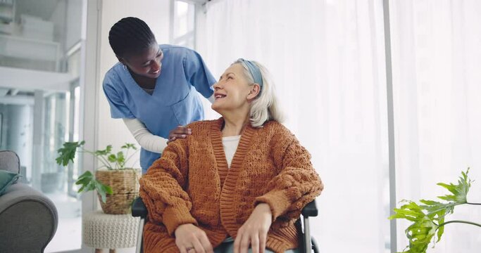 Support, medical and nurse with old woman and wheelchair user for consulting, retirement or rehabilitation. Healthcare, medicine or wellness with senior patient and caregiver in hospital for helping