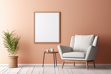 minimalistic lounge setting with empty photo frame on wall for mock up