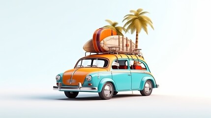 Retro car with surfboard, suitcases and palms, Summer vacation concept, generative ai