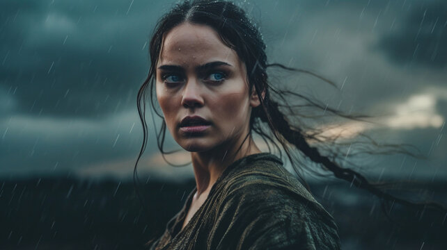 Portrait of an emotional young woman, in the style of a horror film movie still. Confronted by challenging circumstances during a torrential rain storm.