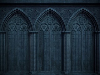 Abandoned night castle with a large gothic window or crypt