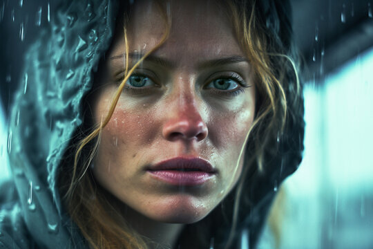 Portrait of an emotional young woman, in the style of a horror film movie still. Confronted by challenging circumstances during a torrential rain storm.