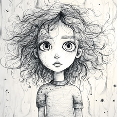 Black and white hand drawn sketch of young girl with wild hair