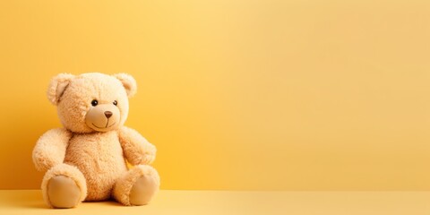 Fototapeta premium Cute teddy bear isolated on soft pastel background, with copy space for ads and text