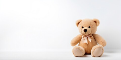 Cute teddy bear isolated on soft pastel background, with copy space for ads and text
