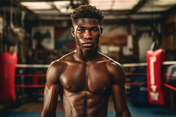 Fototapeta na wymiar Combat sport as a method of hardening the body and character. Young African American boxer in the gym. He looking at camera.