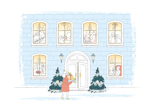 Christmas Scene Illustration of Giving Christmas Gift to Family